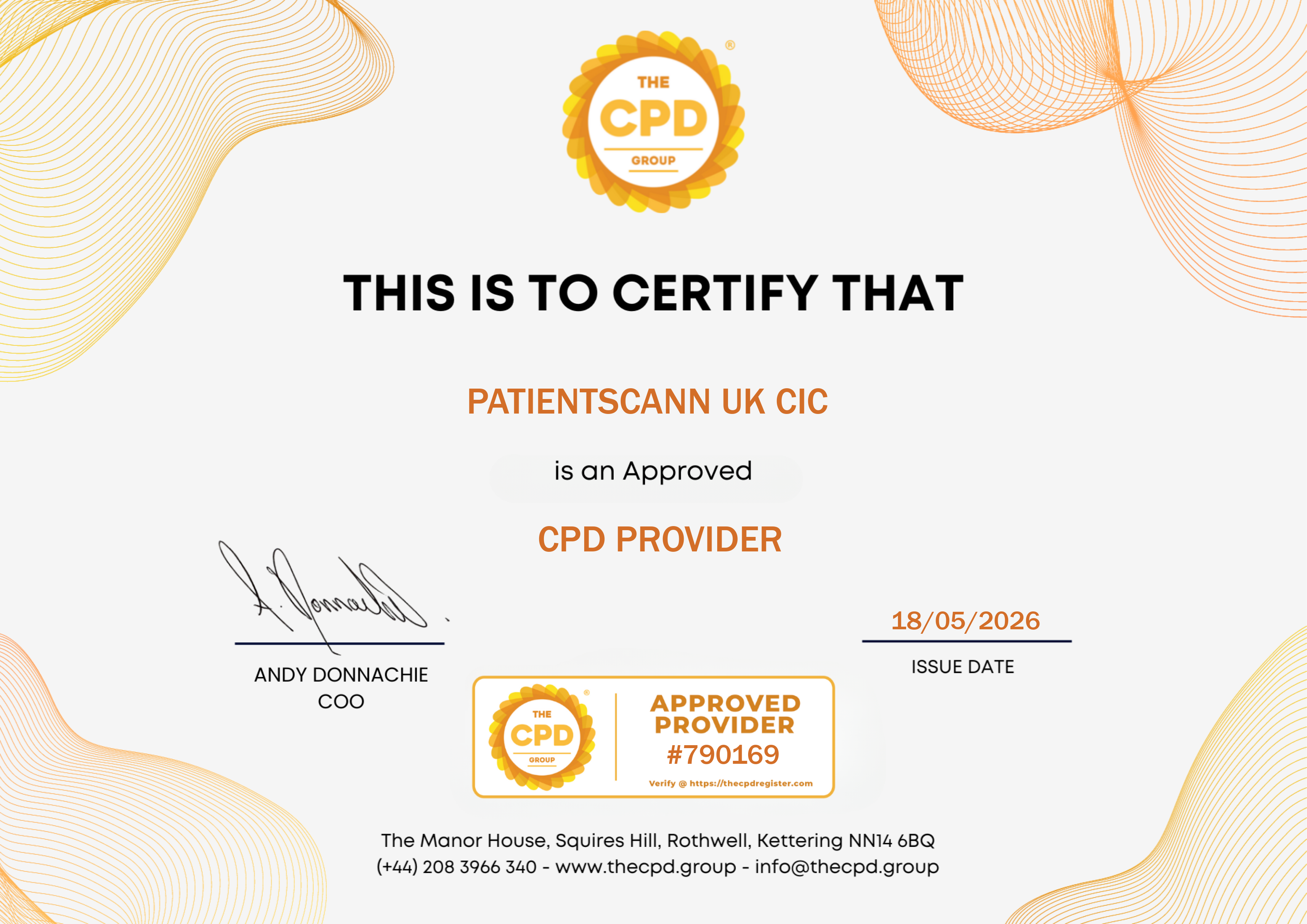 CPD Provider Certificate — PatientsCann UK CIC, Approved Provider #790169, issued 18 May 2026 by The CPD Group