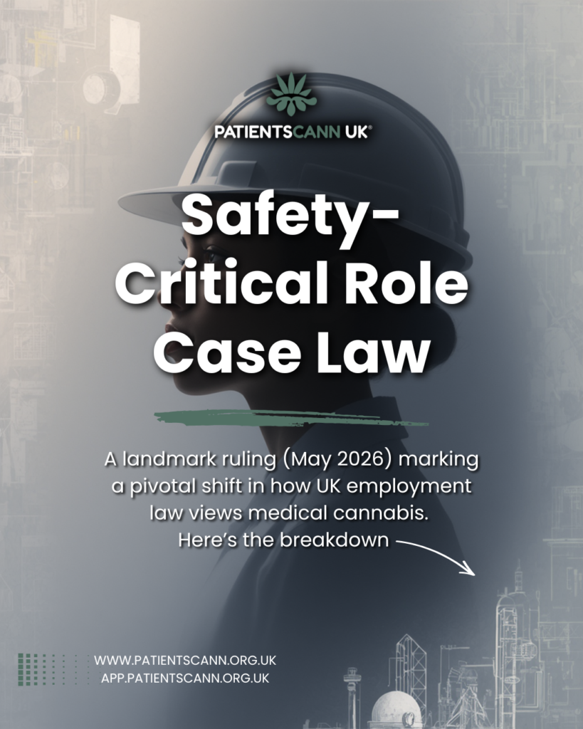 A professional, clinical graphic featuring a silhouette of a person in a safety hard hat. Bold text reads "Safety-Critical Role Case Law," highlighting the landmark May 2026 ruling that shifted UK employment views on medical cannabis.