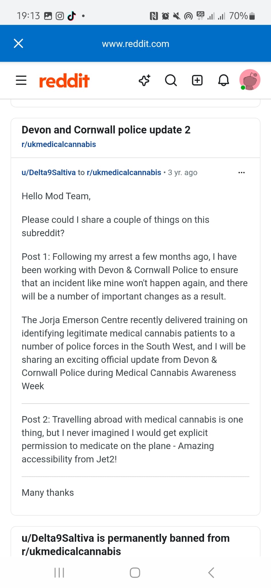Reddit message titled 'Devon and Cornwall police update 2'. Sal asks to share an update on his work with Devon and Cornwall Police following his arrest, including police training on identifying legitimate patients, and permission from an airline to medicate on a flight.