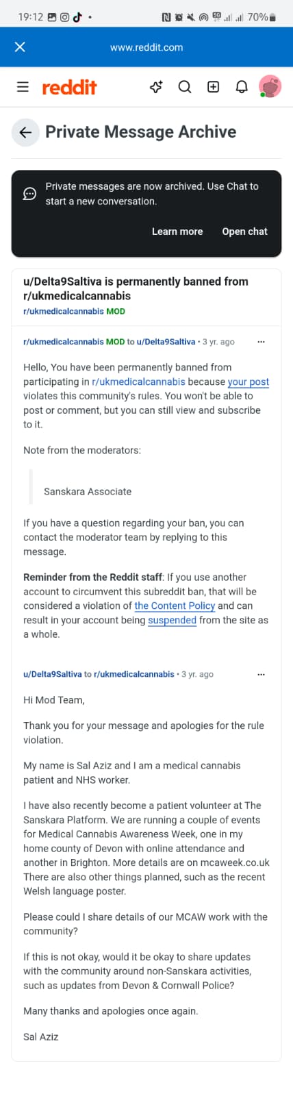 Reddit ban notice: the account is permanently banned from r/ukmedicalcannabis. The moderators' only note reads 'Sanskara Associate'. Sal replies explaining he is a patient and an NHS worker, and asks to keep sharing awareness work.