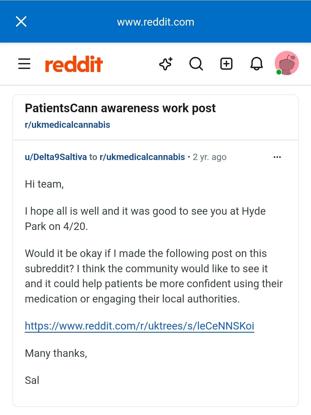 Reddit message titled 'PatientsCann awareness work post'. Sal greets the team and politely asks permission to share a post that could help patients feel more confident using their medication or engaging their local authorities.