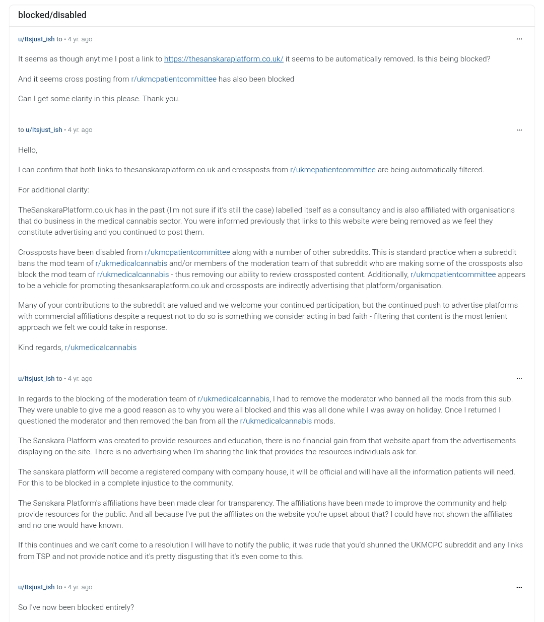 Reddit mod-mail thread titled 'blocked/disabled'. The moderators confirm that links to our resource website and crossposts from our patient committee subreddit are being automatically filtered, and describe the material as advertising.