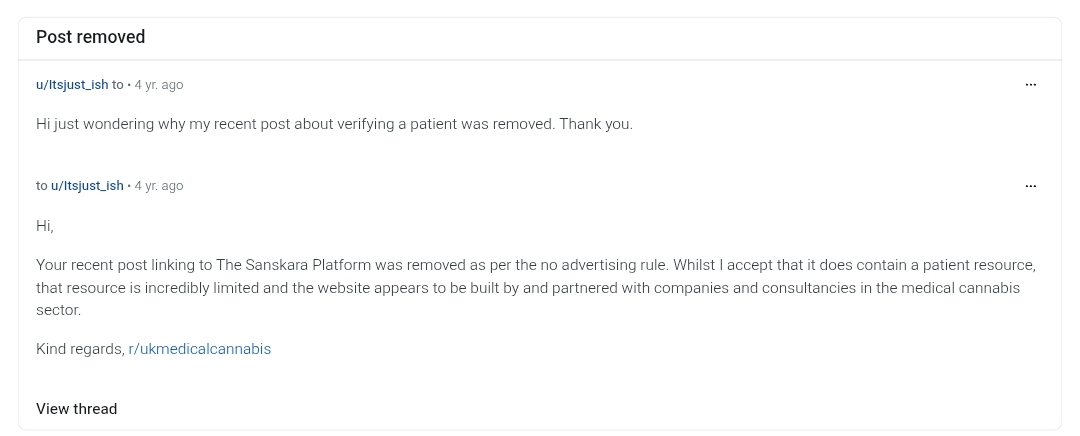 Reddit thread titled 'Post removed'. A moderator confirms a post about verifying a patient was removed under the no-advertising rule, while accepting that it does contain a patient resource.
