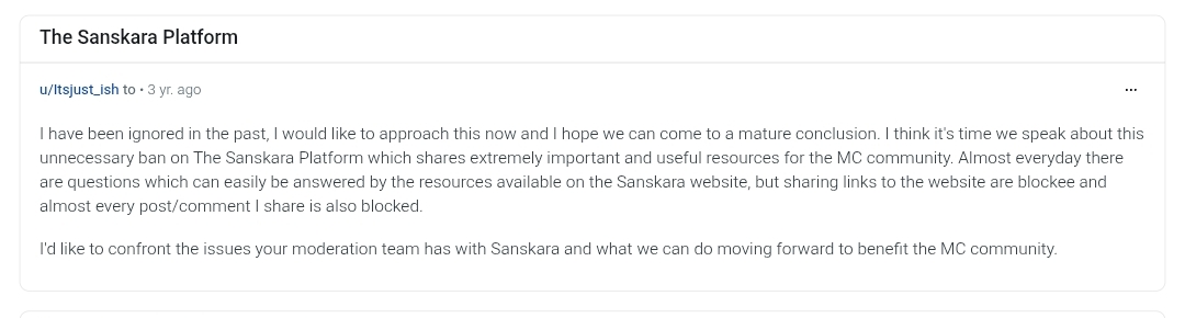 Reddit post titled 'The Sanskara Platform' asking the moderators to reopen the conversation maturely and resolve the block on the free resource platform.