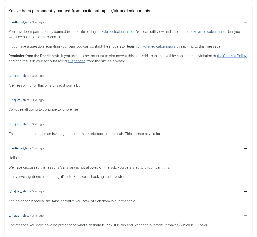 Reddit message: 'You've been permanently banned from participating in r/ukmedicalcannabis', followed by an exchange where our request for reasons and independent review is turned back on us with a question about our backing and investors.