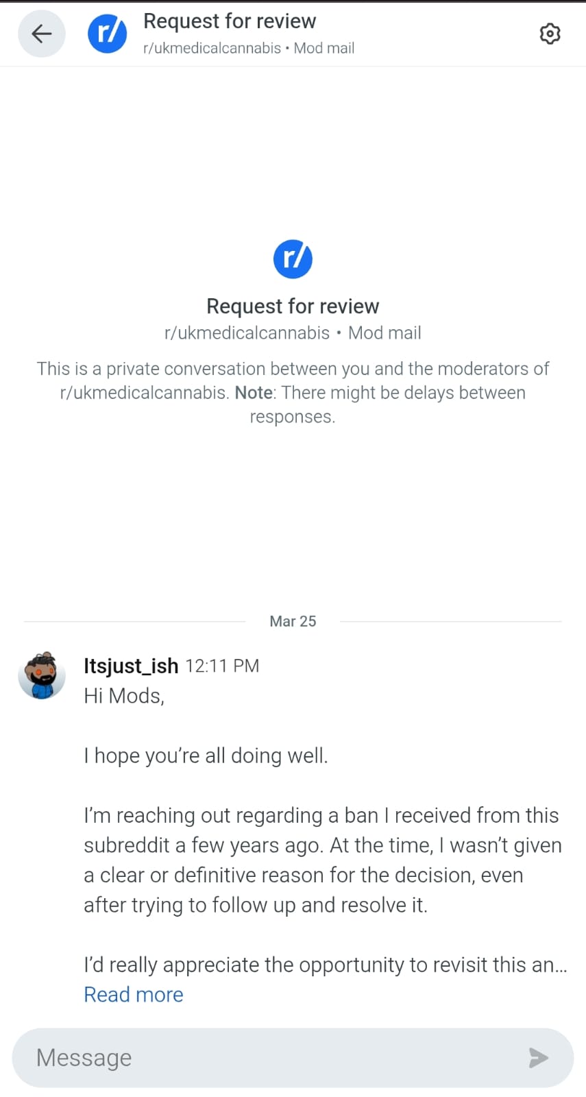Reddit mod-mail on a phone titled 'Request for review'. A polite message asks the moderators to revisit a ban from a few years ago, noting that no clear reason was ever given.