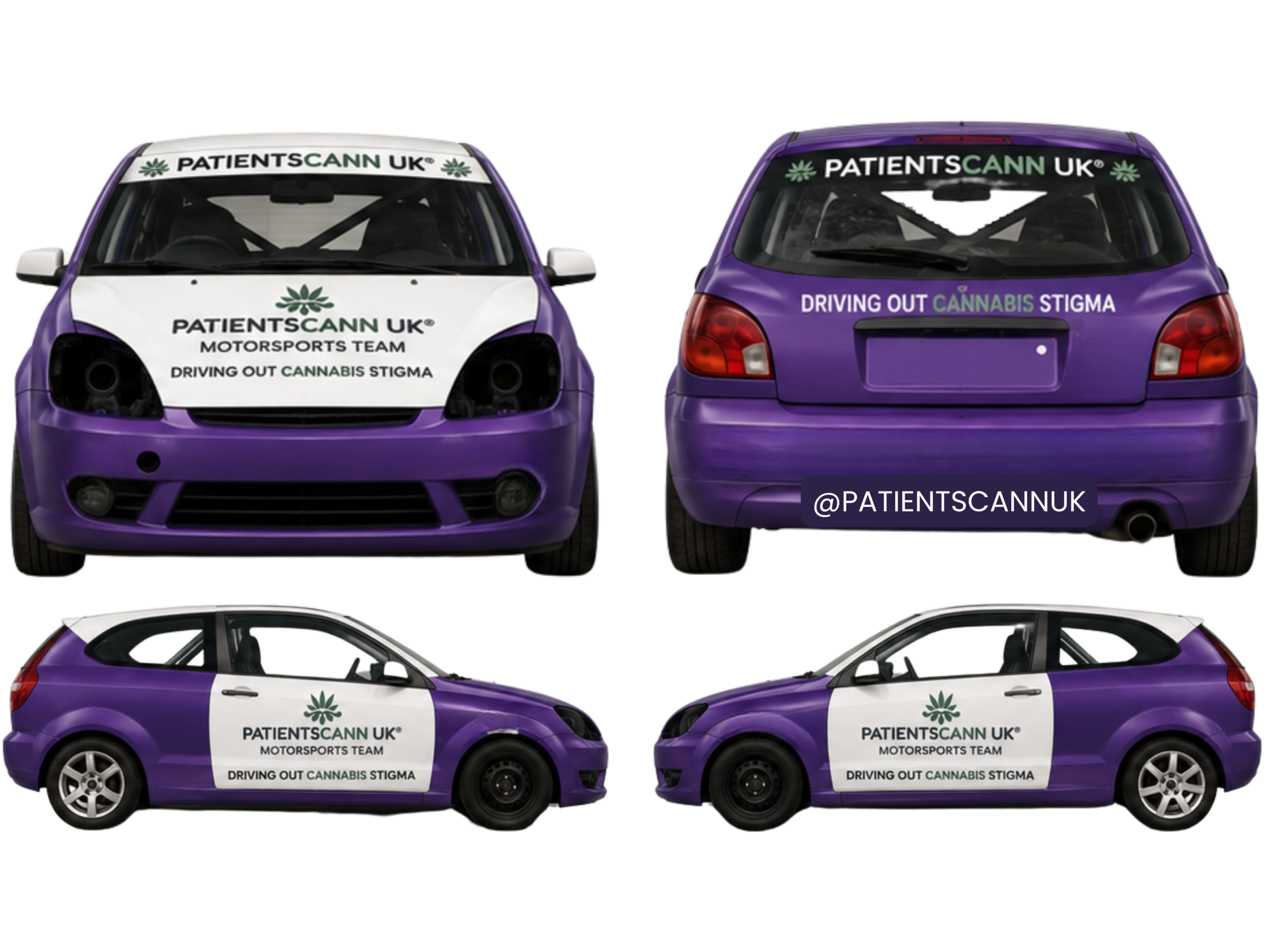 Draft livery of the PatientsCann UK grassroots race car, shown from the front, rear and both sides, with markers for available supporter sticker positions
