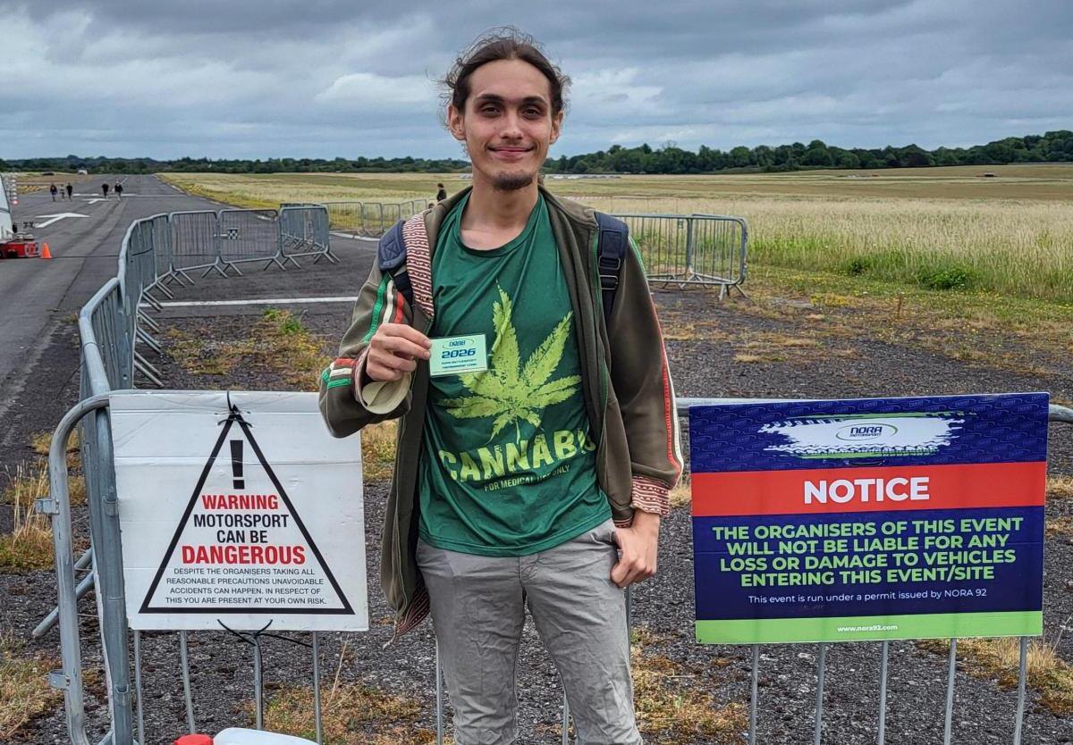 Sal Aziz in a cannabis-leaf hoodie at the drag strip, PatientsCann UK Motorsports Team launch