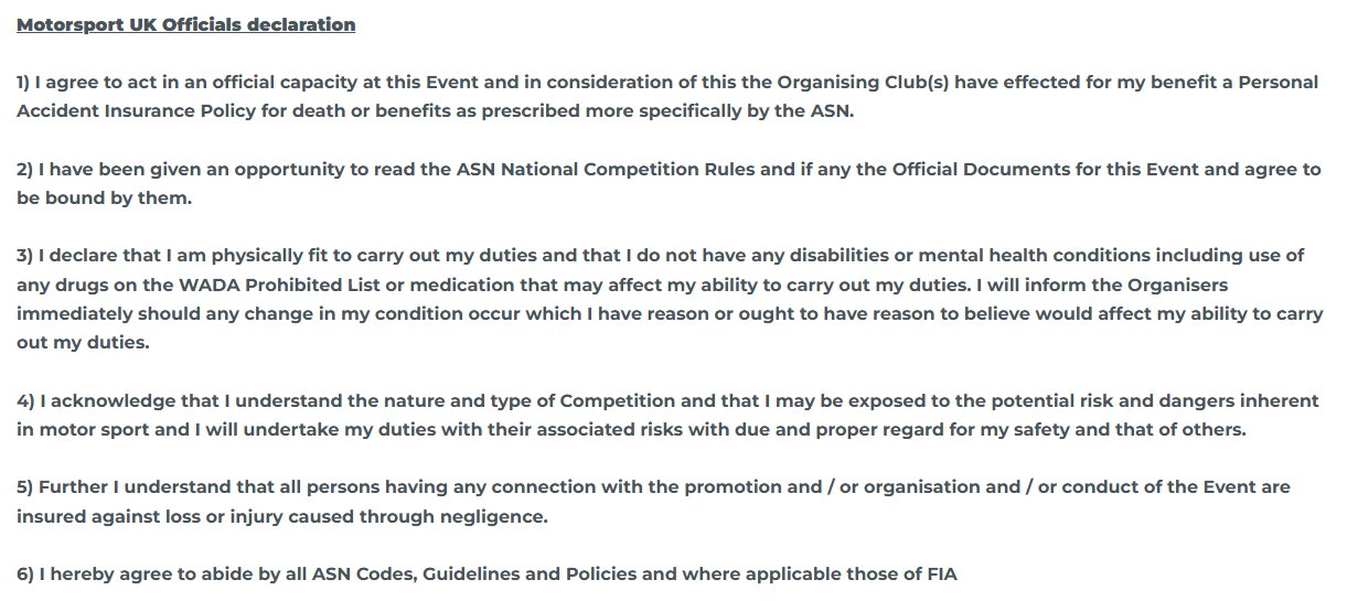Screenshot of Version 1 of the Motorsport UK officials signing-on declaration