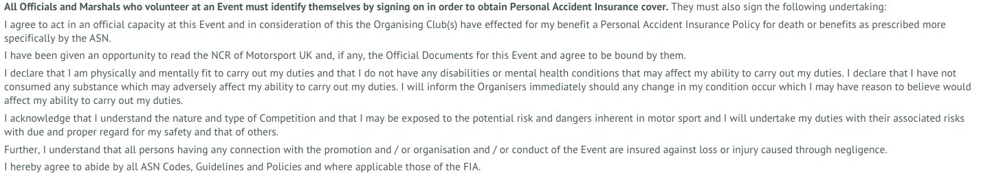 Screenshot of Version 2 of the Motorsport UK officials signing-on declaration