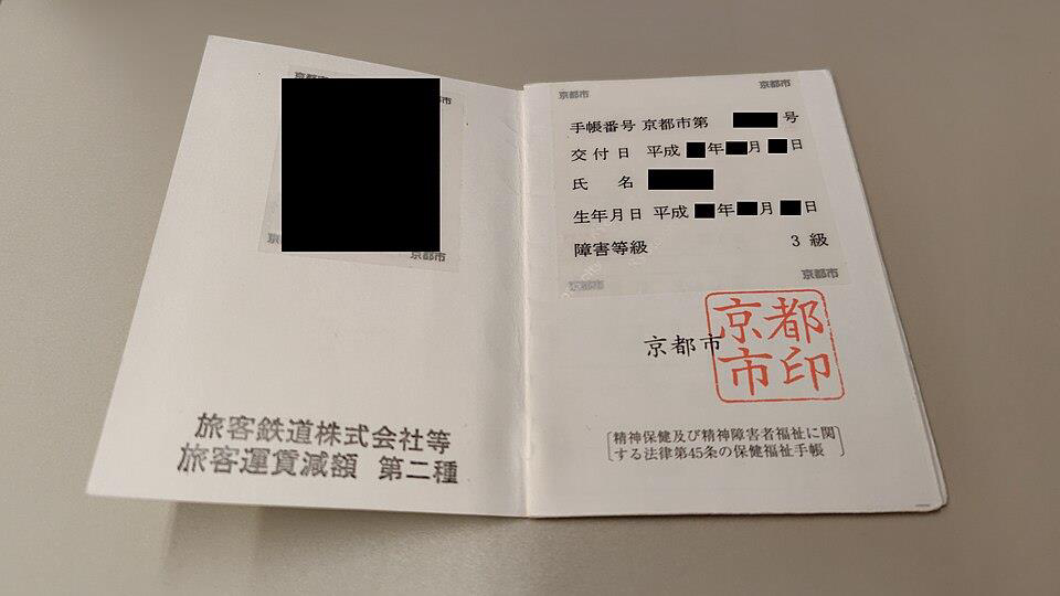 An open Japanese Mental Disability Health and Welfare Handbook issued by Kyoto City, with personal details redacted.